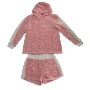 Justice Pink Fleece Pajama Long Sleeve Hooded Top And Shorts Size 14/16 Girl’s